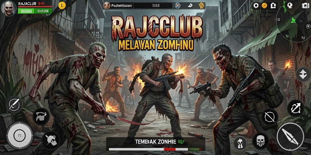 Antarmuka permainan RAJACLUB menampilkan aksi seru melawan zombie.