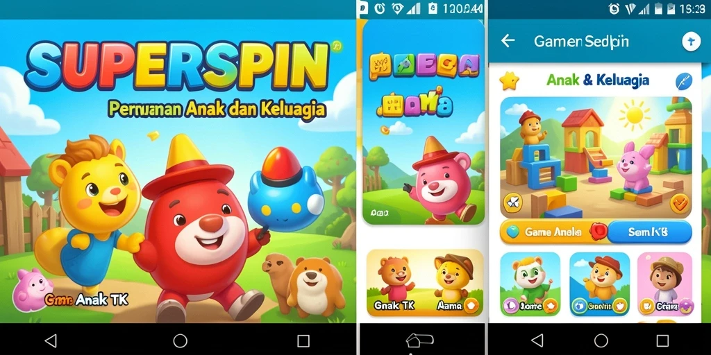 Screenshot utama SUPERSPIN menunjukkan anak-anak yang bermain dengan ceria.