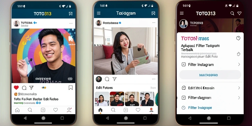 Antarmuka pengguna TOTO313 dengan berbagai pilihan filter Instagram.